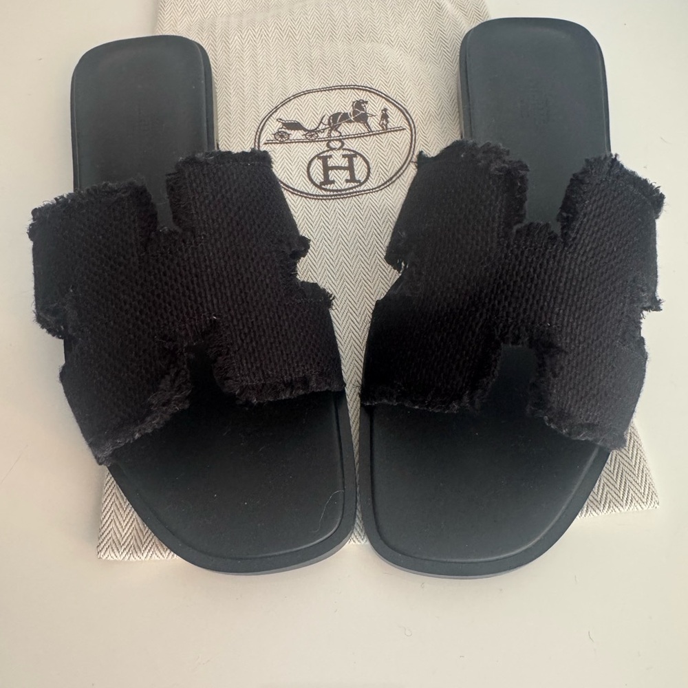 Hermes Oran Black Textured Slide Sandals
